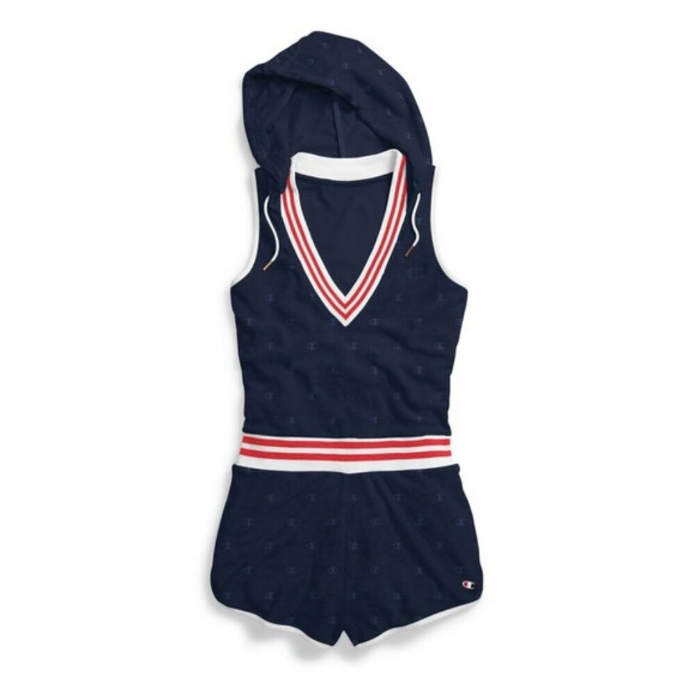 CHAMPION NWT Imperial Indigo Terry Cloth Varsity Hooded Sleeveless Romper, Small - Picture 4 of 13
